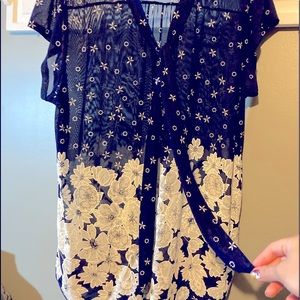 Sheer flowered tie-neck blouse